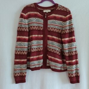 Loft Maroon/Red White & Black Full Zip Cardigan Sweater Size XL